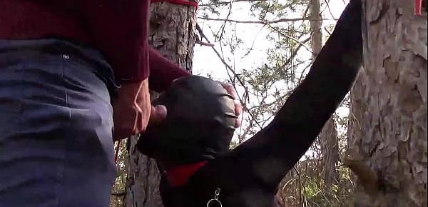  Outdoor sex in the wood. Wearing sexy clothes and high heels, bound, throated and fucked